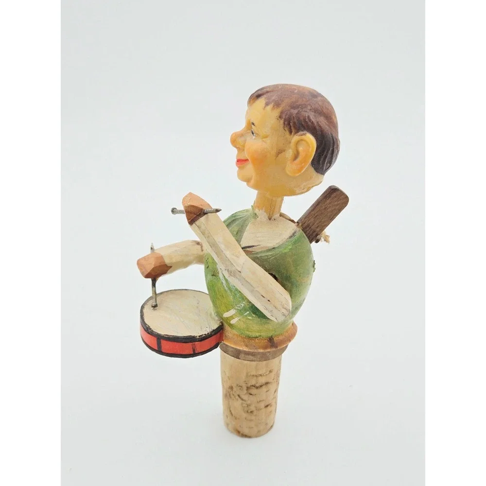 Vintage ANRI Italy Mechanical Wood Bottle Stopper Drummer Boy *Works